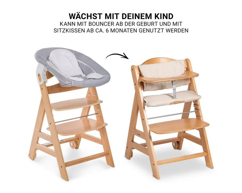 Hauck Hauck Hochstuhl Beta Plus Newborn Set - Natural, Holz Babystuhl ab Geburt mit Neugeborenenaufsatz, Sitzkissen, Essbrett, Beige, – Produktbild 4 von 5