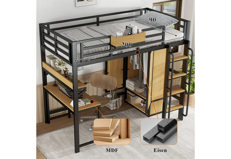 Odikalo Hochbett 90x200 Metallbett mit Schreibtisch,Kleiderschrank (Eisenbett, Jugendbett, Kinderbett, Mit Doppeltür-Kleiderschrank, Treppe mit Handläufen, Mit Schreibtisch und Aufbewahrungsregal, Oberes Bett mit Ablagefächern, Eisen + MDF, Schwarz+Natur – Produktbild 4 von 4