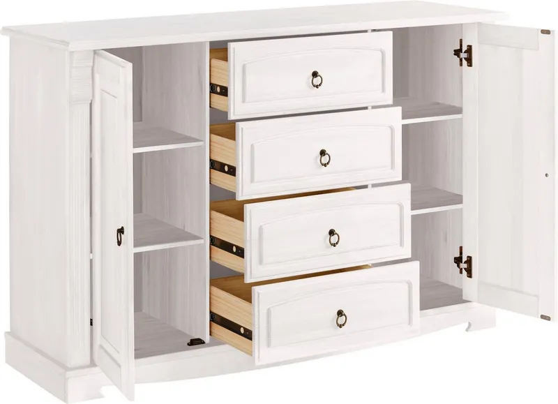 OTTO home Sideboard Anna, Kommode, im Landhausstil, Made in EU (Gesamtmaße (B/T/H): ca. 140/44/88 cm), Kommode, Breite 140 cm, 4 Schubladen, 2 Türen, Massivholz, FSC®, Weiß, – Produktbild 4 von 5