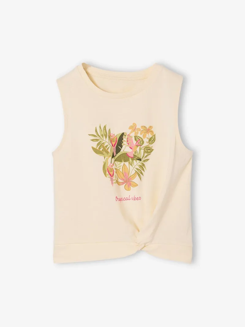 Vertbaudet Top mit Print & Zierknoten am Saum Mädchen, Wollweiß, – Produktbild 1 von 3