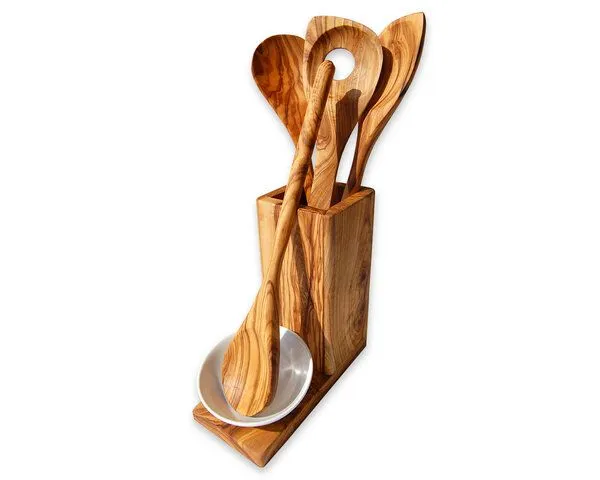 Olivenholz erleben Olivenholz erleben 5-tlg. Set ALL-IN Kochlöffel mit Auffangschälchen & Utensilienbox – Produktbild 2 von 4