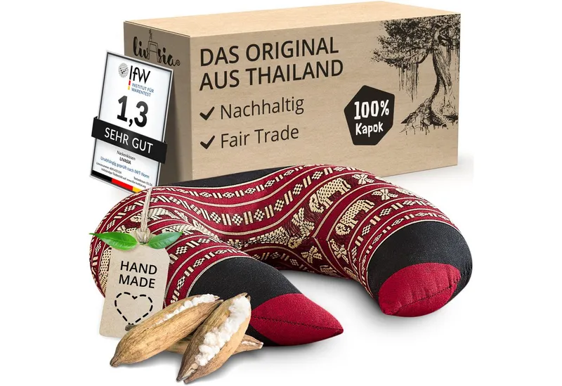 livasia Nackenhörnchen Reisekissen - 24x28x7cm, Kapok, vegan, handgefertigt, Rot, – Produktbild 1 von 5