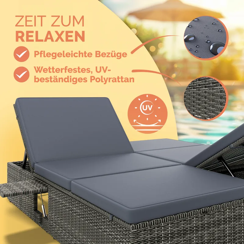 Casaria® Casaria® Polyrattan Sonnenliege Grau/Anthrazit 200x160x33cm – Produktbild 2 von 2