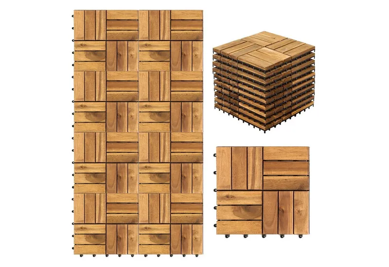 Clanmacy Holzfliesen 1-10 Terrassenfliesen, 11-110 Stück, Akazien-Holz Balkonplatten - 5, 55er Set, 55 St., 30x30cm = 1qm pro Fliese, rutschfest, Stecksystem, langlebig – Produktbild 1 von 5