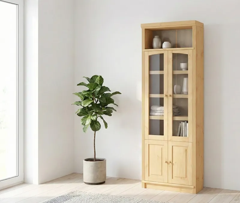 OTTO home Vitrine Soeren Regal mit 2 Glastüren und 2 Holztüren, B/TH: 80/29/220 cm Kiefer FSC®-zertifiziert, 1 offenes Fach, 6 Fächer hinter den Türen, Beige, – Produktbild 1 von 5