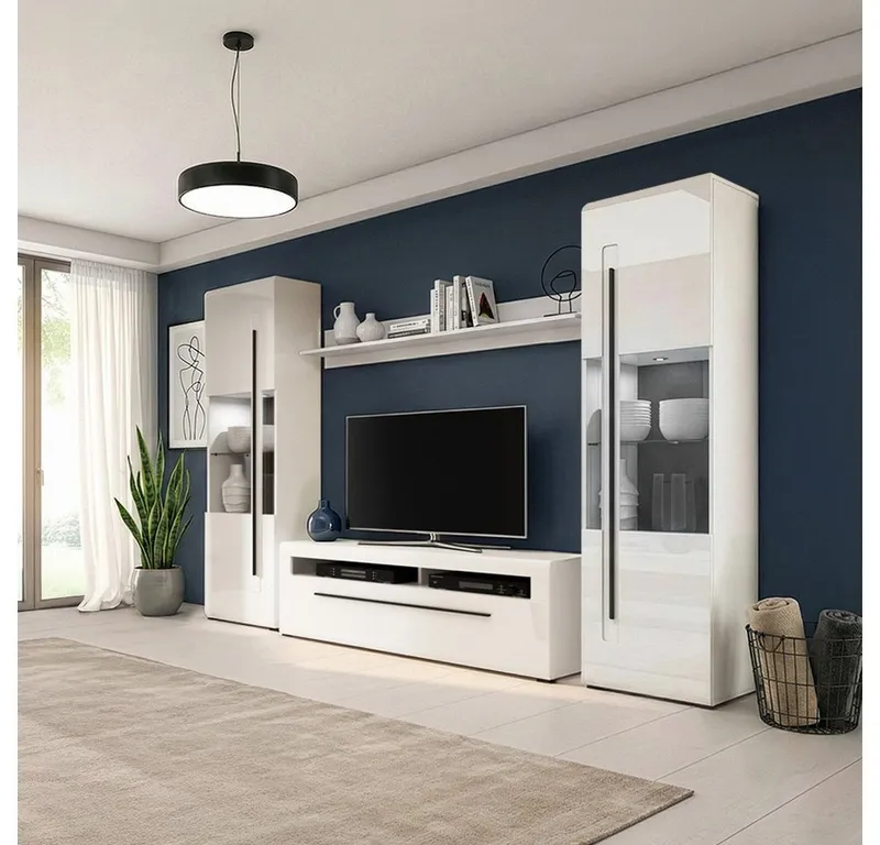 Lomadox Wohnwand TURDA-83, (4-St., Couchtisch Highboard Lowboard Sideboard Vitrine Wandregal), weiß Hochglanz Metallgriffe schwarz modern inkl. LED Beleuchtung, Weiß, – Produktbild 1 von 4