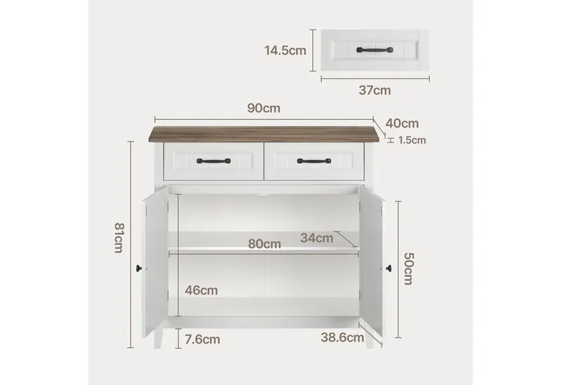 Blishom Buffet Sideboard Küchenschrank mit 2 Schubladen, 90 x 40 x 82 cm Die Einlegeböden sind verstellbar, Grau, – Produktbild 2 von 5