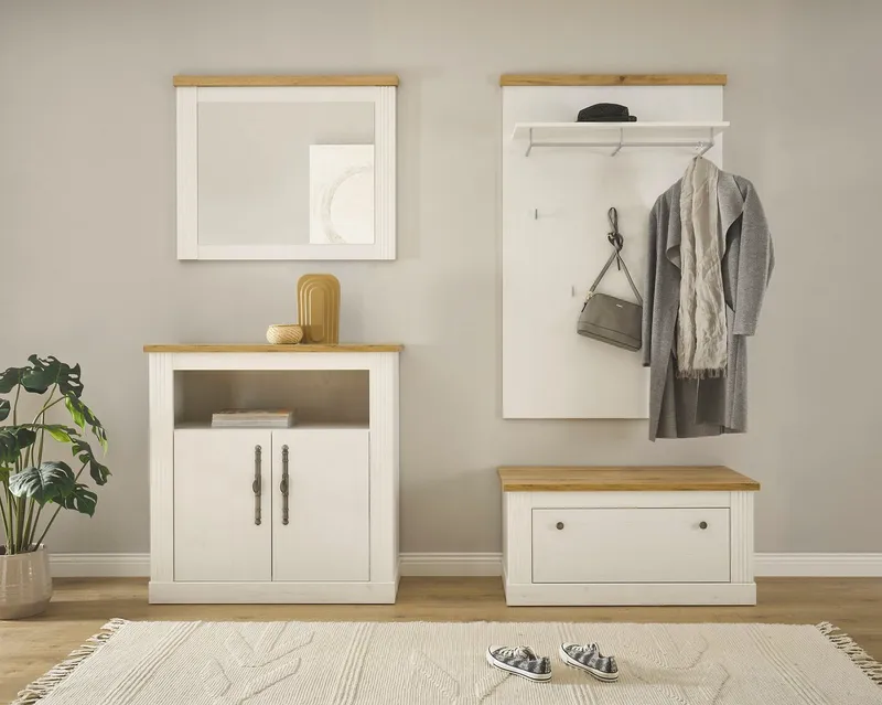 OTTO home Garderoben-Set Westminster, Garderobe im Landhausstil, Komplettset mit viel Stauraum, (4-St), enthält Schuhbank, Spiegel, Kommode und Paneel, 204 cm breit, Weiß, – Produktbild 1 von 5