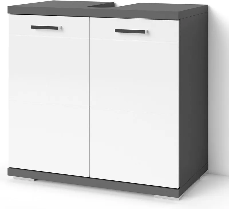 byLIVING Waschbeckenunterschrank Nebraska Breite 60 cm, mit Hochglanzlackierung und verchromten Metallgriffen, Grau, – Produktbild 1 von 5