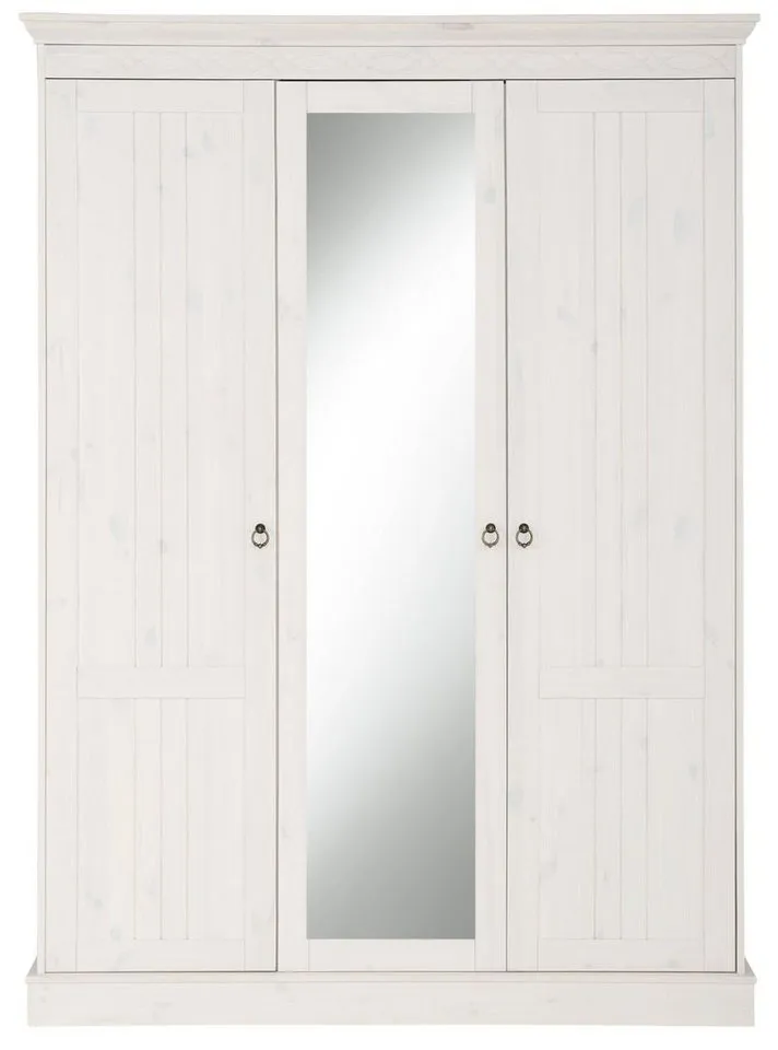 OTTO home Kleiderschrank Indra Massivholz Kiefer FSC zertifiziert Made in Europe (B/H/T ca: 145/187/54 cm) Landhausstil mit Spiegel und flexiblem Stauraumkonzept, Weiß, – Produktbild 4 von 5