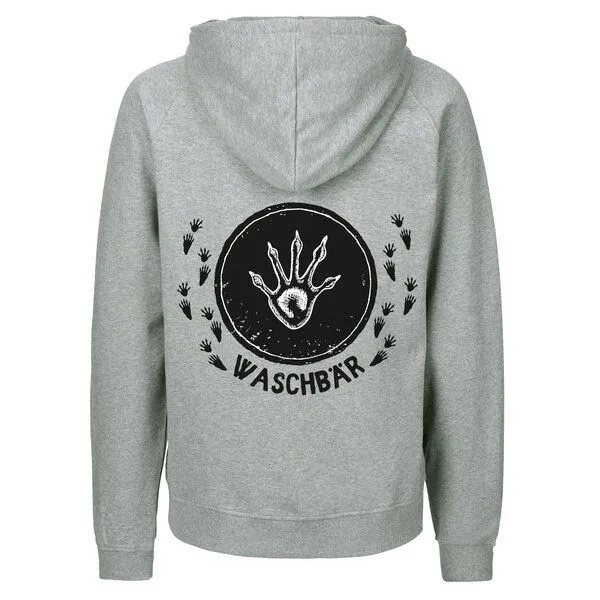 HANDGEDRUCKT HANDGEDRUCKT "Trittsiegel WaschBär" Männer Zip Hoody aus reiner Biobaumwolle (kbA), Grey, – Produktbild 1 von 4