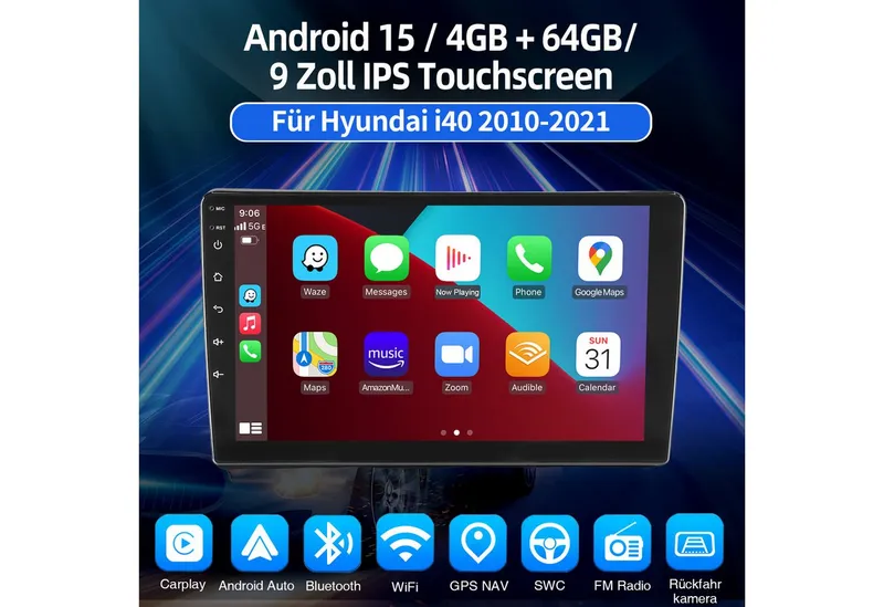 ESSGOO DAB+ Carplay Android15 Autoradio Für Hyundai i40 2011-19 GPS NAVI WiFi Autoradio (DAB (optional), DAB+ (optional), 4+64GB(optional), RDS, AM, FM, Carplay Android Auto Bluetooth EQ USB GPS Navi WIFI Touchscreen), Schwarz, – Produktbild 3 von 5