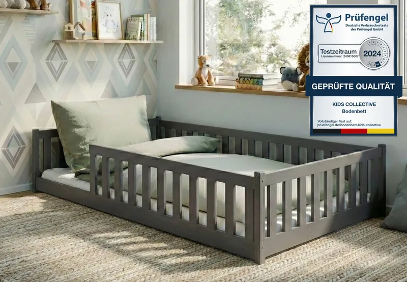 Kids Collective Kinderbett Bodenbett Bett mit Rausfallschutz & Lattenrost Montessori Bett Kinder (Jungen, Mädchen, Kinder, weitere Größen 80x160, 80x180, 90x190, 90x200, 140x200 cm), Jugendbett Gitterbett Einzelbett mit Matratze, Graphit 120x200 cm, Grau, – Produktbild 1 von 5