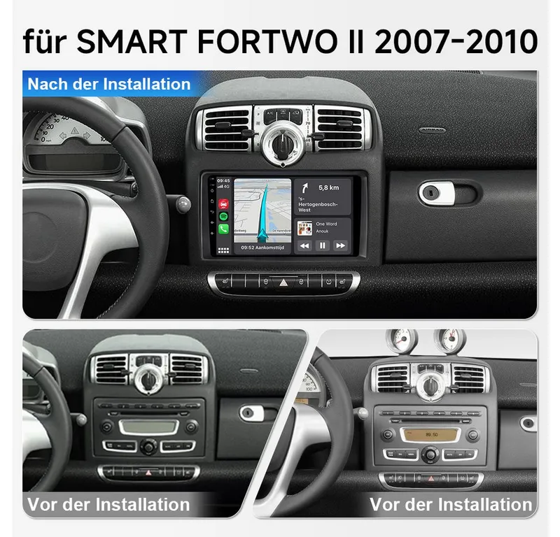 A-Sure Android 15 Apple Carplay 4/8 Core Navi Für Smart Fortwo 451 2005-2015 Autoradio (Digitalradio (DAB), FM, AM), Modell a(2005-2010), – Produktbild 2 von 5