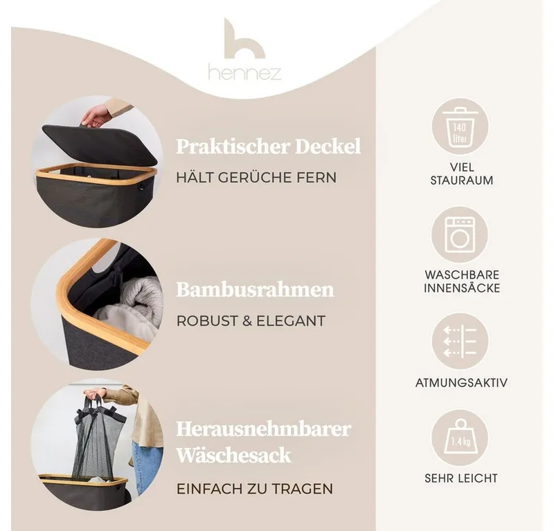 HENNEZ Wäschekorb Bambus mit Deckel 2 Fächer, 140L Wäschesack - Wäschesortierer Wäschebox Wäschetonne Wäschesammler, Grau|schwarz, – Produktbild 2 von 5