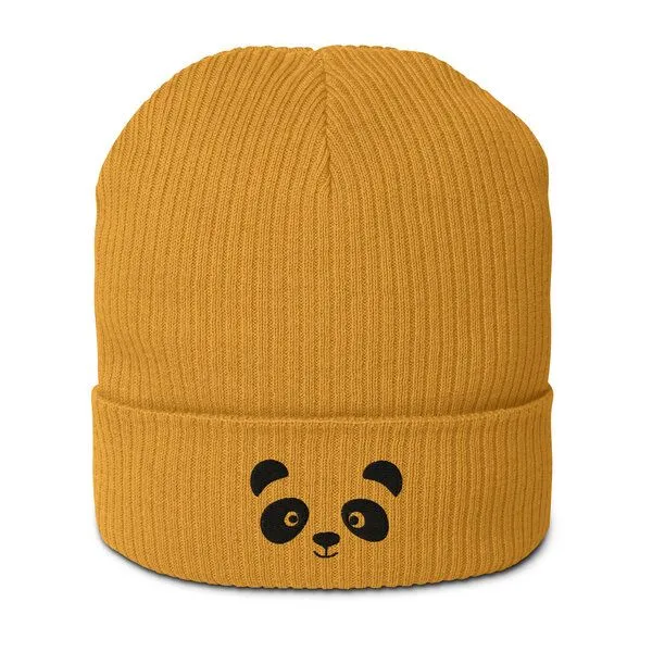 PepMelon Gesticktes Panda-Gesicht, gerippte Mütze aus Bio-Baumwolle, Mustard (gelb), – Produktbild 1 von 5