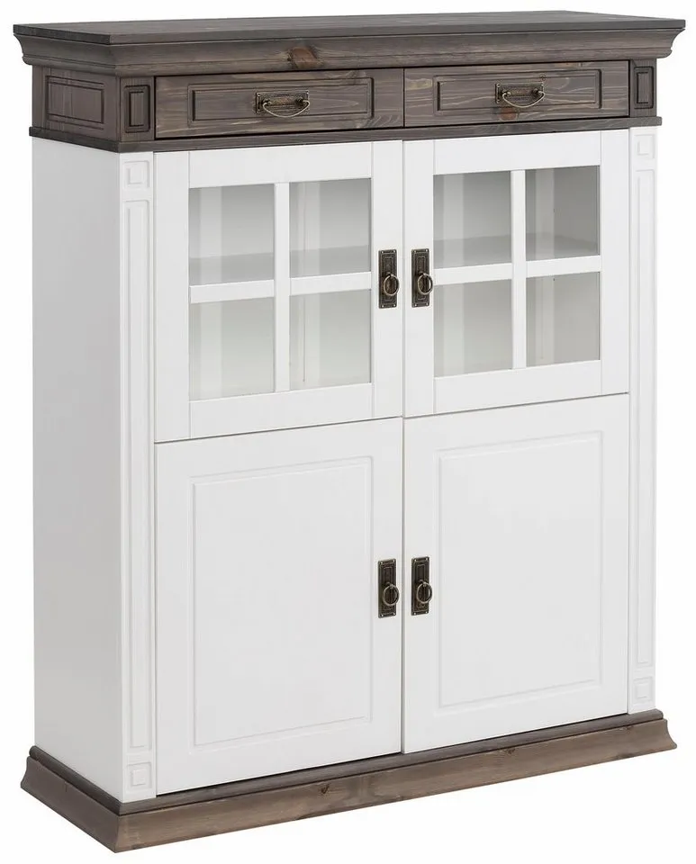 OTTO home Highboard Vinales, 2 Schubladen, 4 Türen, 3 Einlegeböden, Griffe im Jugendstil (B/T/H:112/39/130 cm), Vitrine, Breite 112 cm, aus massiver Kiefer, FSC®, Weiß, – Produktbild 3 von 4