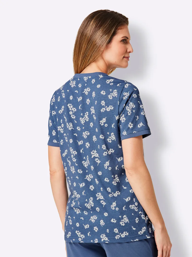 wäschepur Schlafanzug-Shirt jeansblau-ecru-bedruckt, Jeansblau-ecru-bedruckt, – Produktbild 2 von 2
