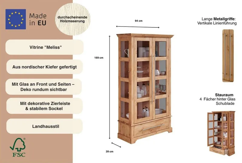 OTTO home Vitrine Melissa Höhe 169 cm, Breite 94 cm, 2-türig, Kiefer massiv, FSC®, Beige, – Produktbild 1 von 5