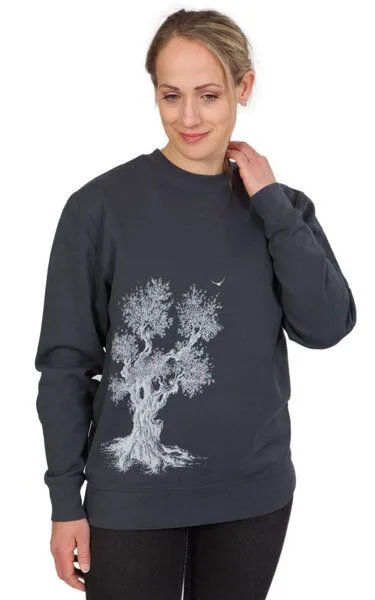Life-Tree Life-Tree Sweater aus Biobaumwolle Fairwear Unisex "Olive Tree" in India Ink – Produktbild 5 von 5