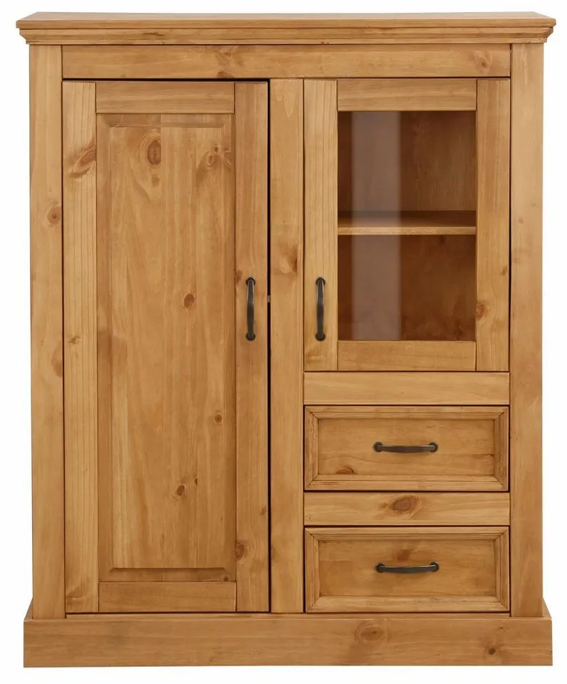 OTTO home Highboard Selma Vitrine mit 2 Türen, eine davon mit Glaseinsatz und 2 Schubläden, aus massivem Kiefernholz, mit einer natürliche Maserung, Metallgriffe, Beige, – Produktbild 4 von 4