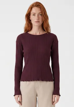 ORGANICATION ORGANICATION Damen vegan Top Mit Langen Ärmeln Gerippter Strick Dunkles Weinrot – Produktbild 1 von 1