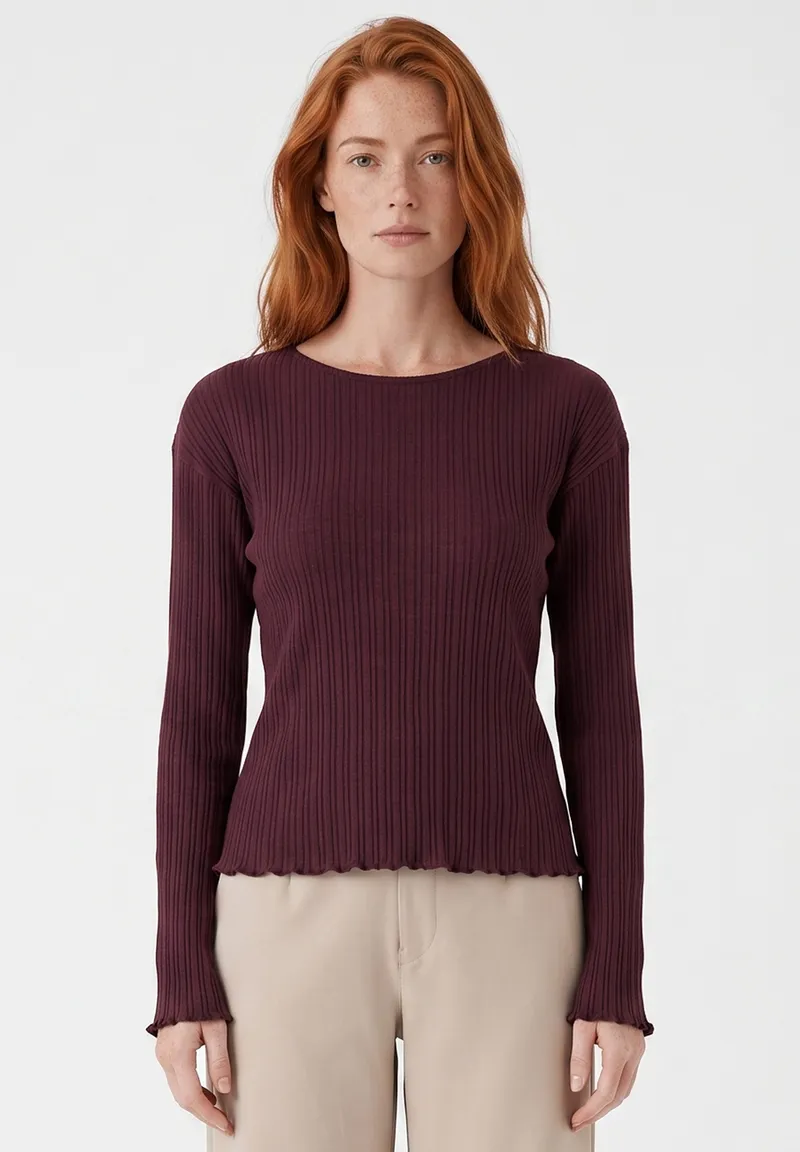 ORGANICATION ORGANICATION Damen vegan Top Mit Langen Ärmeln Gerippter Strick Dunkles Weinrot, Rot, – Produktbild 1 von 1