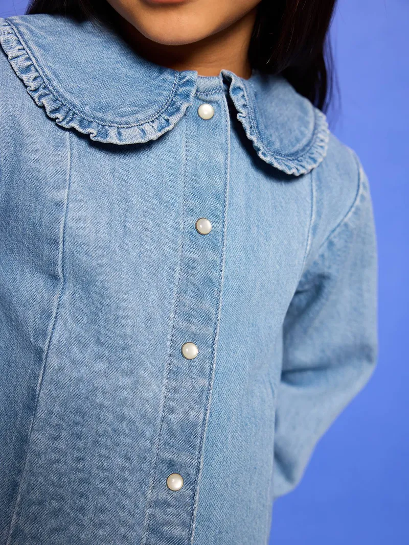 Vertbaudet Vertbaudet Jeansbluse mit Bubikragen Mädchen, Double stone, – Produktbild 2 von 3