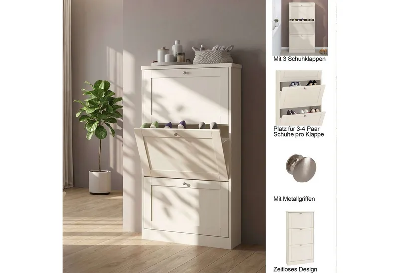 OTTO home Schuhschrank Heide Breite 70 cm, mit 3 Klappen und Facettenfront, Höhe ca. 130 cm, Weiß, – Produktbild 4 von 7