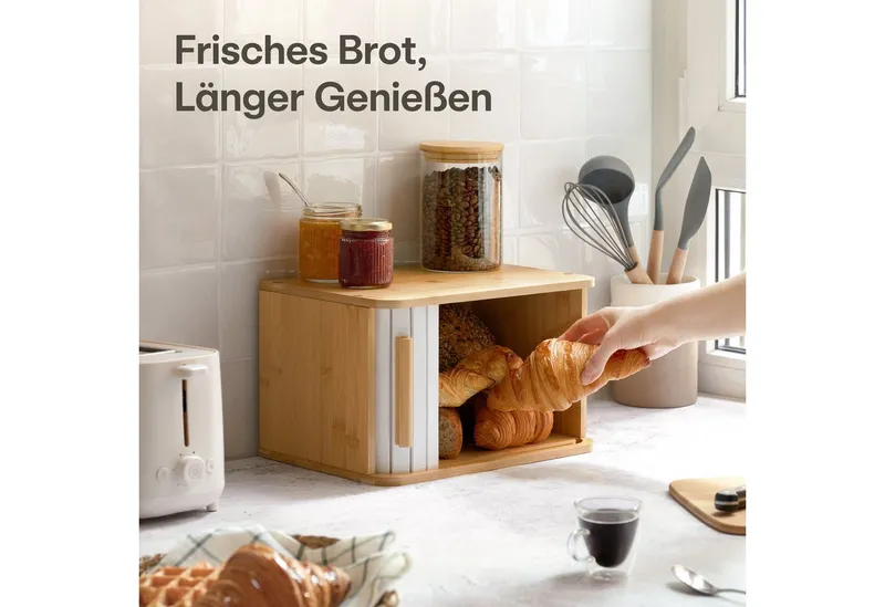 Praknu Brotkasten Brotkasten klein aus FSC® Holz mit Schiebetür - Brotaufbewahrung, Bambus, (Brotkasten Bambus Schiebetür, Kleiner Brotkasten aus Bambus mit weißer Schiebetür, platzsparend), FSC® Holz - Platzsparend und stilvolle Brotbox für längere Frische, Beige|braun, – Produktbild 3 von 5