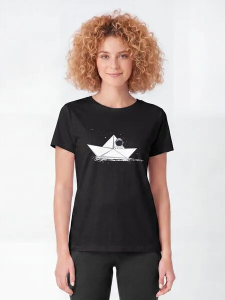 watapparel watapparel T-Shirt Frauen Astronaut in paper boat, Black, – Produktbild 2 von 2