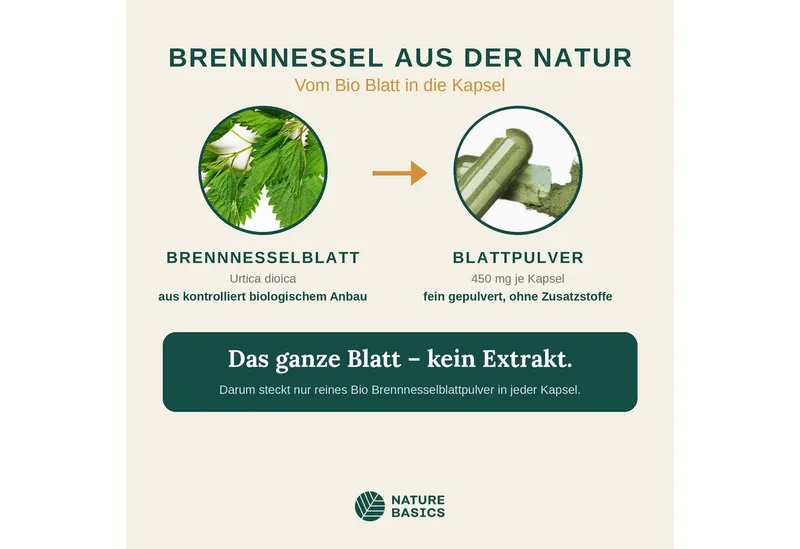 Nature Basics Hochwertiges Bio Brennnessel Vegan im Braunglas 180 Kapseln, 180 St., 103 g – Produktbild 4 von 5