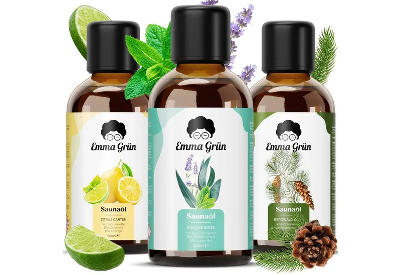 Emma Grün Sauna-Aufgussset holzig, frisch & spritzig, 3x 100ml (3-tlg) 100% naturreine ätherische Bio-Öle – Produktbild 1 von 5