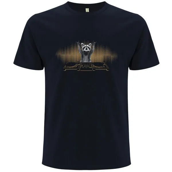 Spreecult Spreecult DJ Waschbär - Bio und Fair - Männer Unisex T-Shirt - Turntable Racoon, Navy, – Produktbild 2 von 3