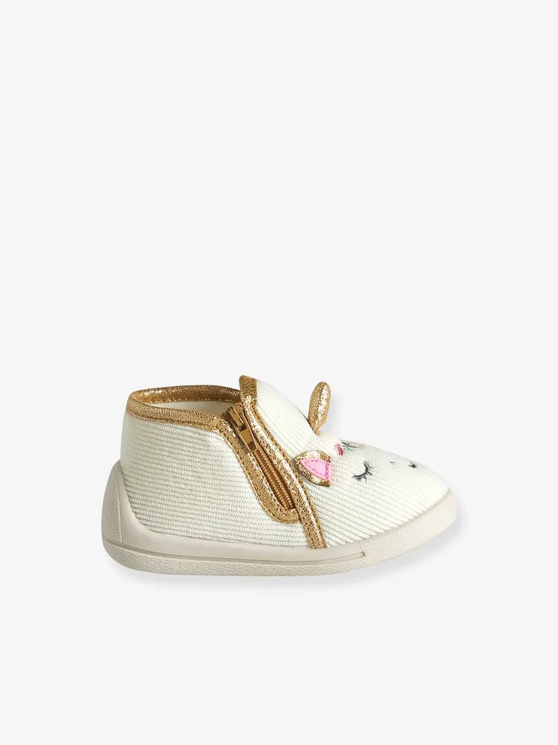 Vertbaudet Baby Stoff-Hausschuhe mit Reißverschluss, Wollweiß einhorn, – Produktbild 3 von 4