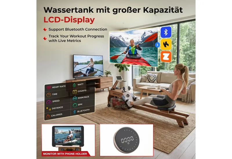 Wenoker Rudergerät Wasser für Zuhause aus FSC-Massiv-Eiche App-kompatibel, 22L-Wassertank (1-tlg., LCD-Display mit Drehregler, mehrstufig einstellbarer Widerstand), Bluetooth, Zwift-/Kinomap-Kompatibilität, Tablet-Halterung, Braun, – Produktbild 3 von 5