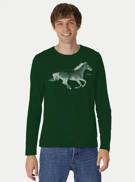 Peaces.bio - handbedruckte Biomode Peaces.bio - handbedruckte Biomode Bio-Herren-Langarmshirt Horsepower, Flaschengrün, – Produktbild 1 von 2