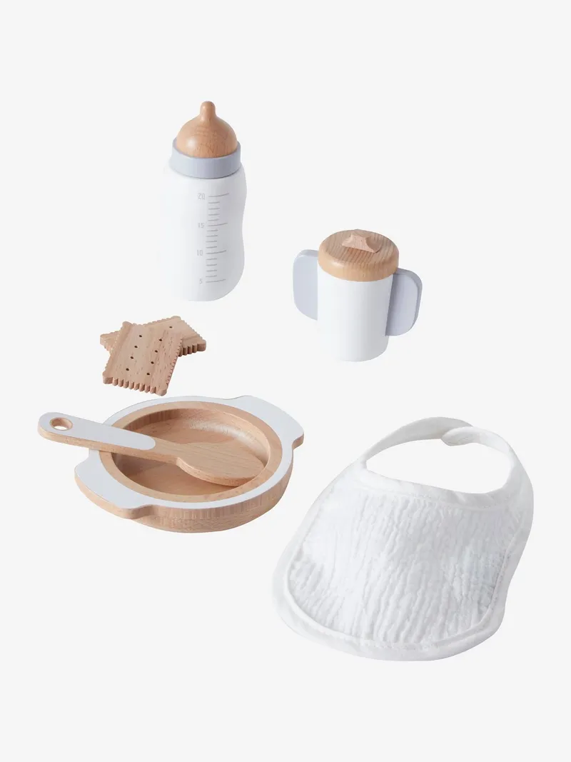 Vertbaudet Puppengeschirr aus Holz FSC®, Weiß/braun, – Produktbild 1 von 4