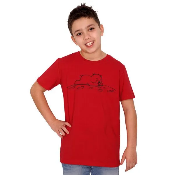 HANDGEDRUCKT HANDGEDRUCKT "Later" Kinder T-Shirt aus Biobaumwolle (kbA) Bär, Rot, – Produktbild 1 von 3