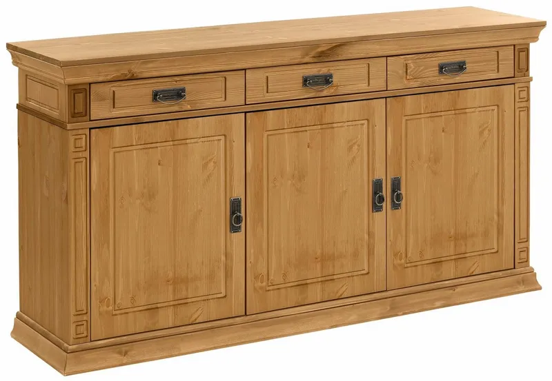 OTTO home Sideboard Vinales, kommode 3 Schubläden, 3 Türen, 2 Einlegeböden (B/T/H: 155/39/83 cm), Messinggriffe im Jugendstil, Zierleiste und eleganter Sockel, Beige, – Produktbild 1 von 5