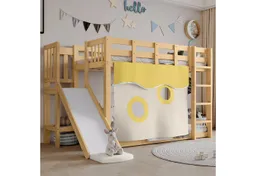 Merax Etagenbett 90x200cm mit Bettvorhängen (Jugendbett Doppelbett, 1-St), Kinderbett mit Rutsche, Leiter & Schutzgittern, Stockbett, Kiefernholz – Produktbild 1 von 1