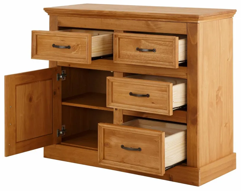OTTO home Sideboard Selma Kommode mit 1 Tür, 3 Schubläden und 2 Fächer, Metallgriffe, aus massivem Kiefernholz, natürlichen Maserung, Breite/Höhe 100/87 cm, Beige, – Produktbild 5 von 5