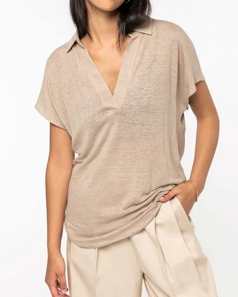 YTWOO YTWOO Exklusives Damen Polohemd aus 100% Leinen, Beige, – Produktbild 1 von 4