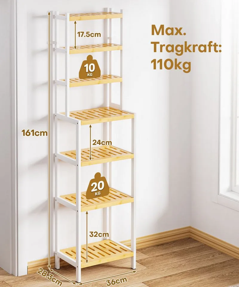Yorbay Badregal Standregal mit 7 Ebenen, Bambus Aufbewahrungsregal, Kippsicherung, 110 kg Tragkraft – Produktbild 3 von 5