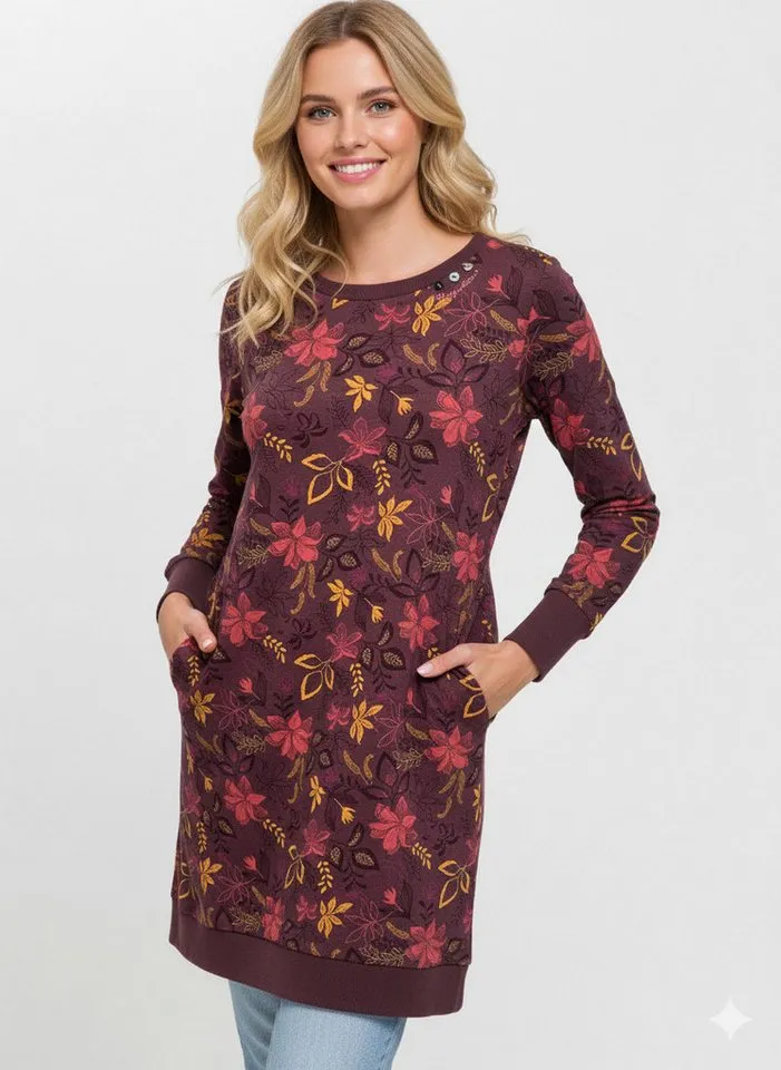 ragwear ragwear Sweatkleid MENITA FLOWERS O mit kurzer Passform, aus Baumwolle und Polyester, Rot, – Produktbild 1 von 3