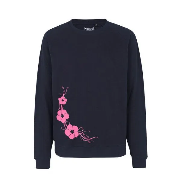 HANDGEDRUCKT HANDGEDRUCKT "Hibisken" Unisex Sweatshirt aus reiner Biobaumwolle (kbA), Navyblue, – Produktbild 1 von 3