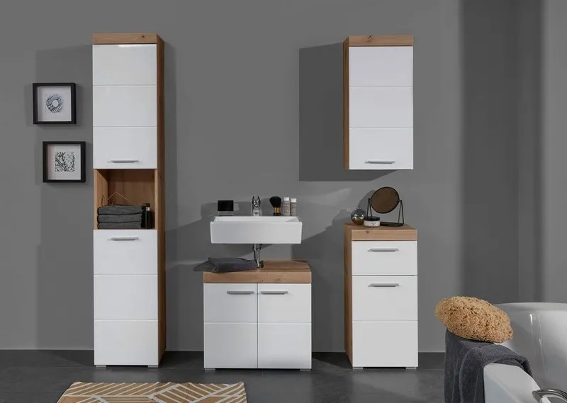 welltime Badmöbel-Set Avena, (Set, 4-St), Badmöbel - Hochschrank, Waschbeckenschrank, Hängeschrank und Kommode, Weiß, – Produktbild 3 von 5