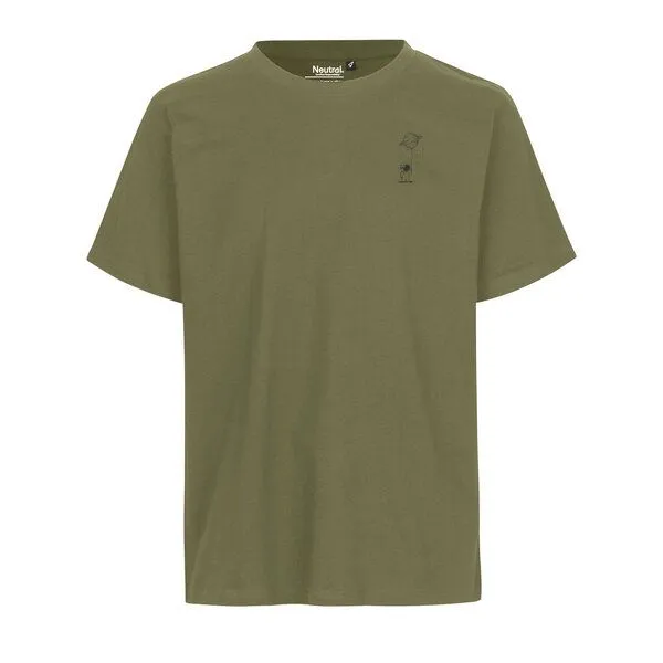 HANDGEDRUCKT HANDGEDRUCKT "Kosmokind" Unisex T-Shirt aus reiner Baumwolle (kbA), Military, – Produktbild 2 von 3