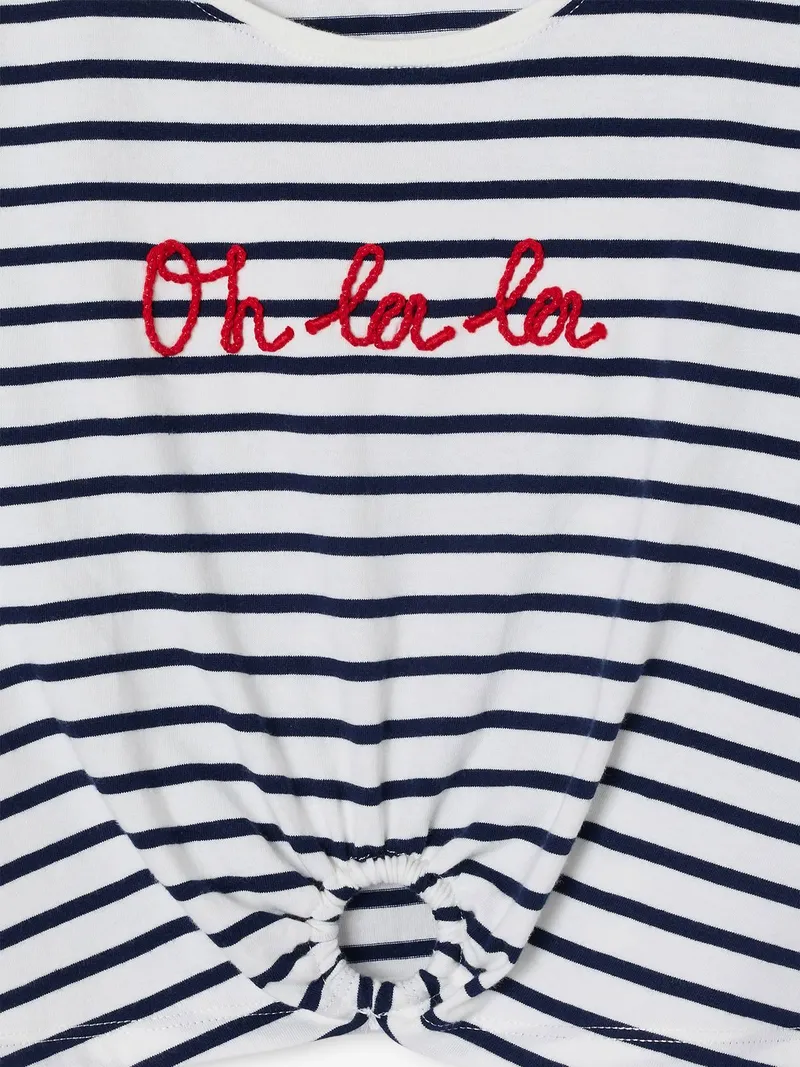 Vertbaudet T-Shirt mit Zierknoten am Saum für Mädchen, Blau gestreift, – Produktbild 2 von 2
