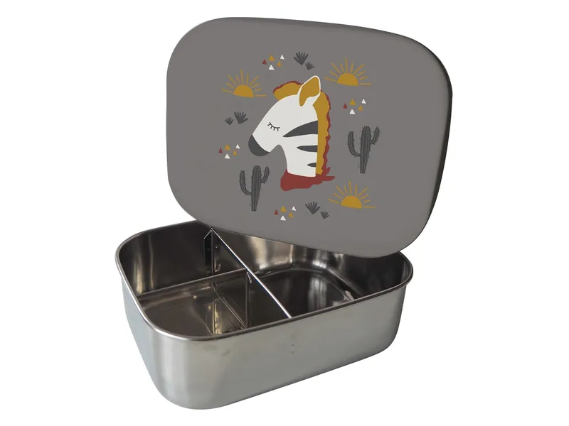 Kikadu Kikadu Kinder Edelstahl Brotdose Silikondeckel Zebra Maße 17 x 13 x 5,5 cm Fassungsvermögen 900 ml, Grau, – Produktbild 1 von 2